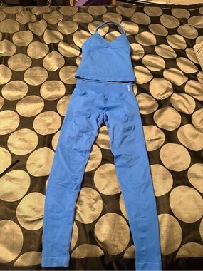 DFYNE Impact Seamless Set Blue Scrunch Leggings & Halter Top Small